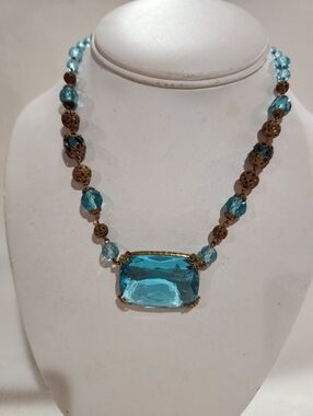 Antique Blue Czech Large Glass Pendant Necklace, 1920s